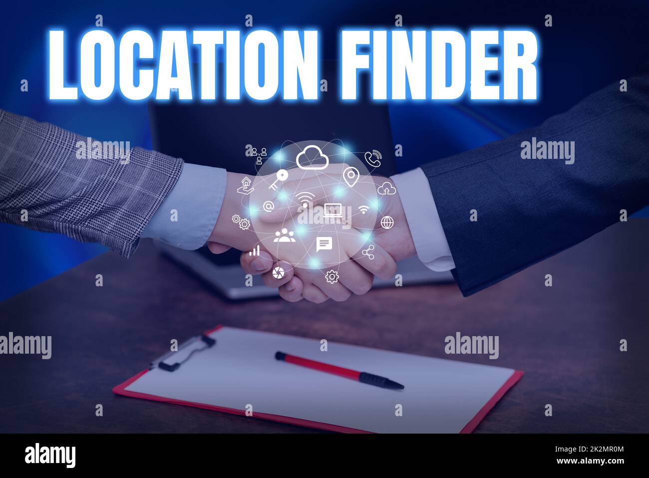 Text caption presenting Location Finder. Word for A service featured to find the address of a selected place Hands Shaking Signing Contract Unlocking New Futuristic Technologies. Stock Photo