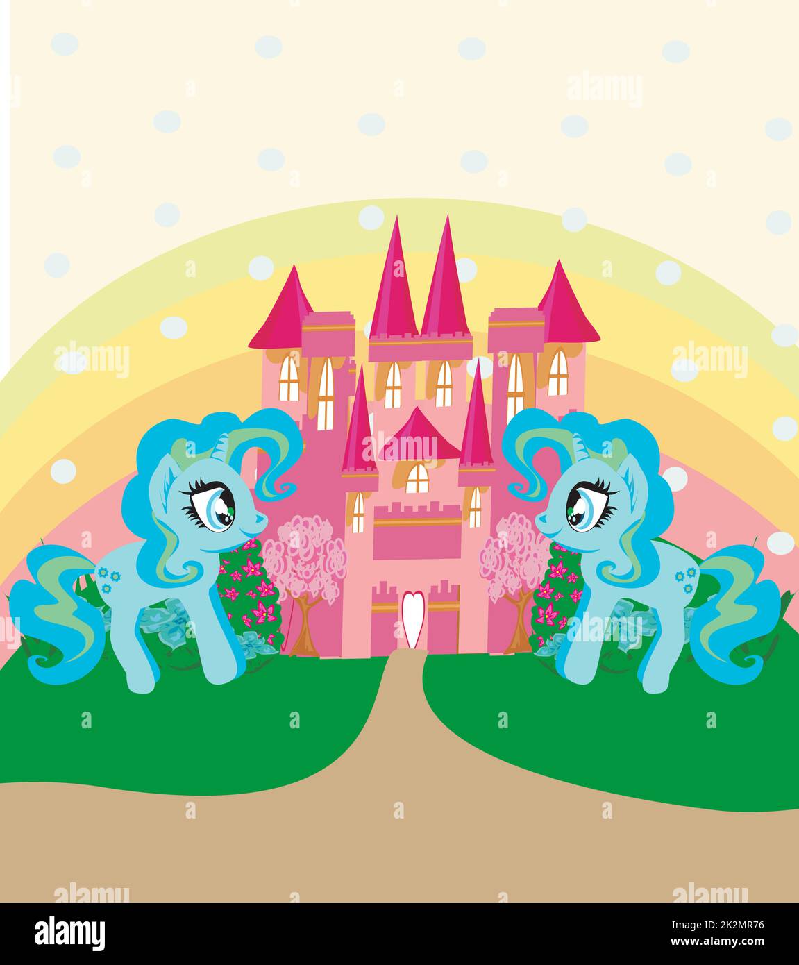 Card with a cute unicorns rainbow and fairy-tale princess castle Stock ...