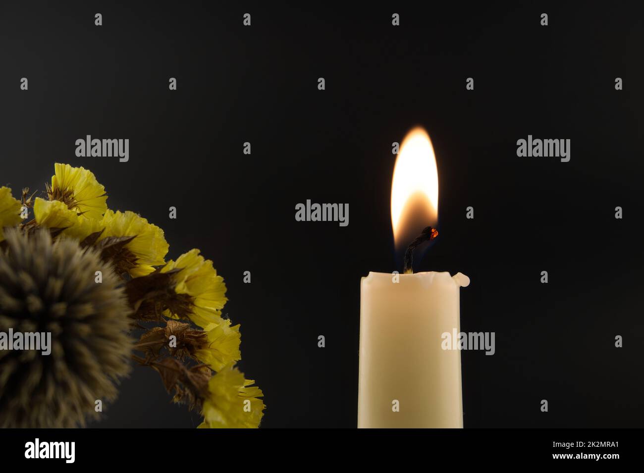 Candle flame and flowers against a black background Stock Photo