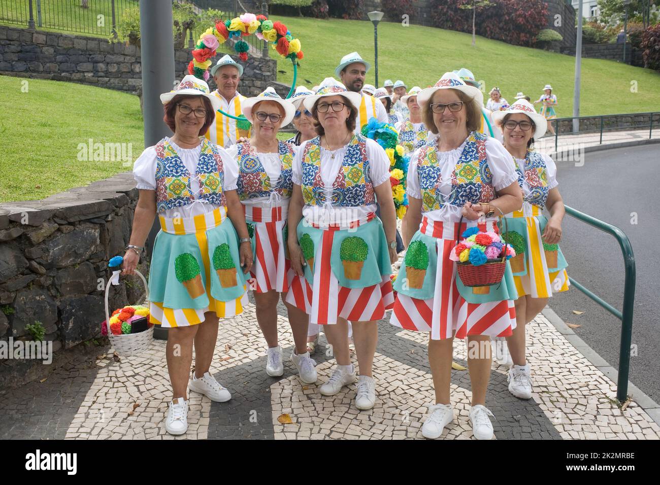 group of women in fancy floral dress in Funchal Madeira Stock Photo