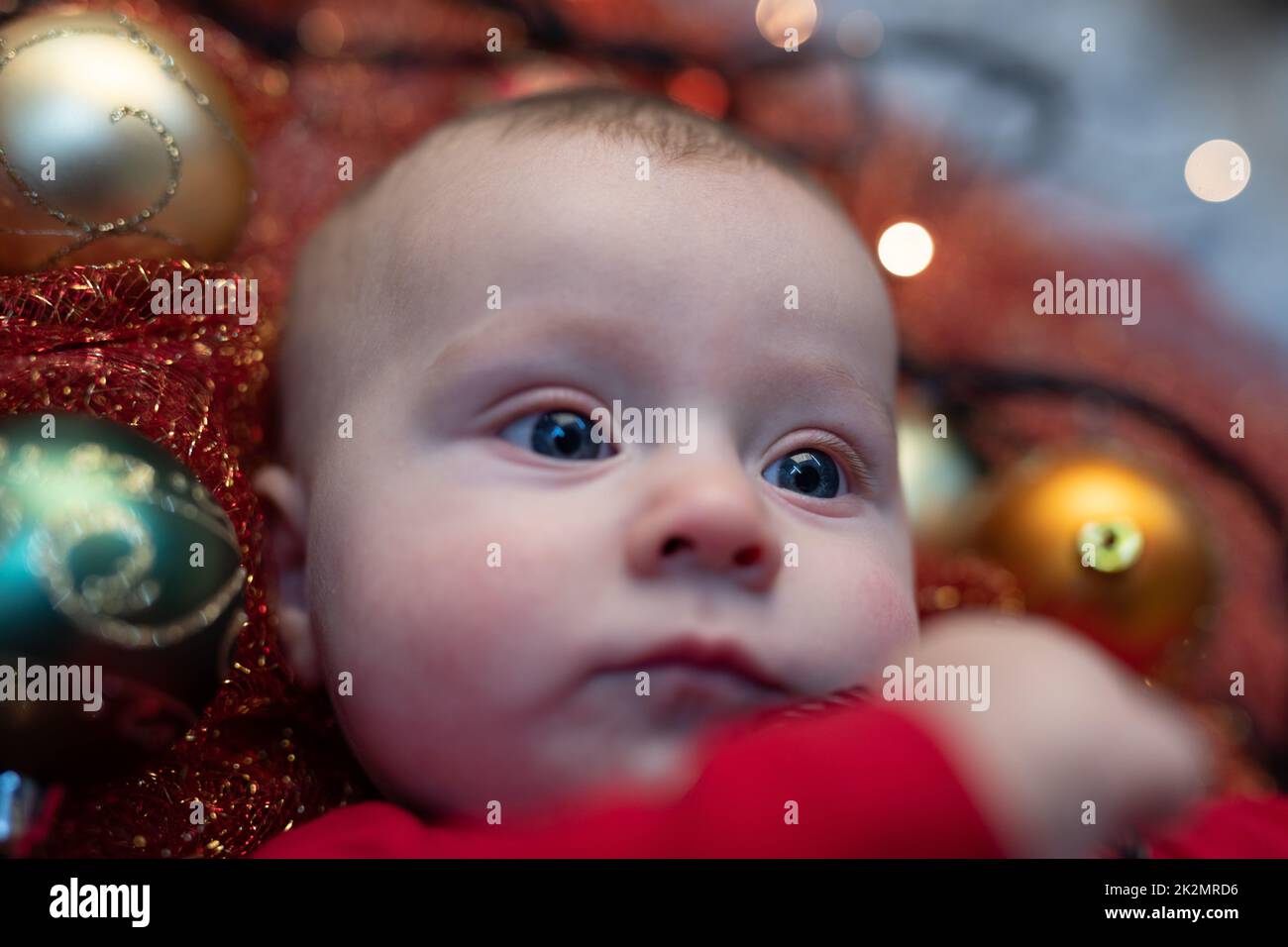 Little blue eyed baby lying in a Christmas cot Stock Photo