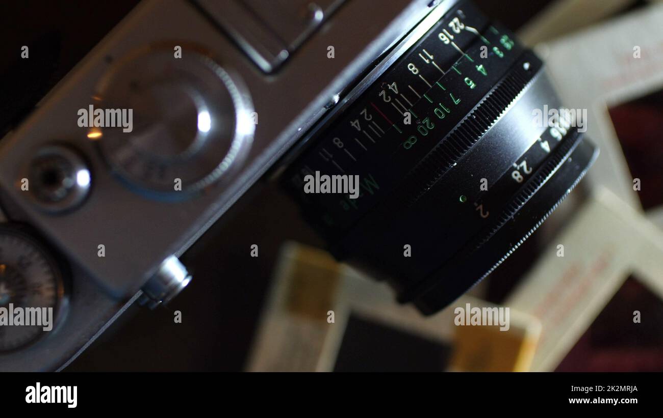 Close up of vintage film camera and slide films Stock Photo - Alamy