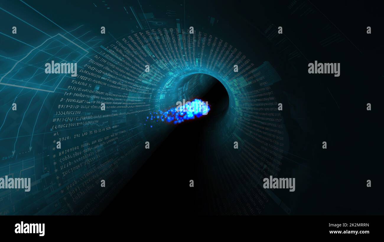 Particles through binary digital tunnel 3d illustration Stock Photo