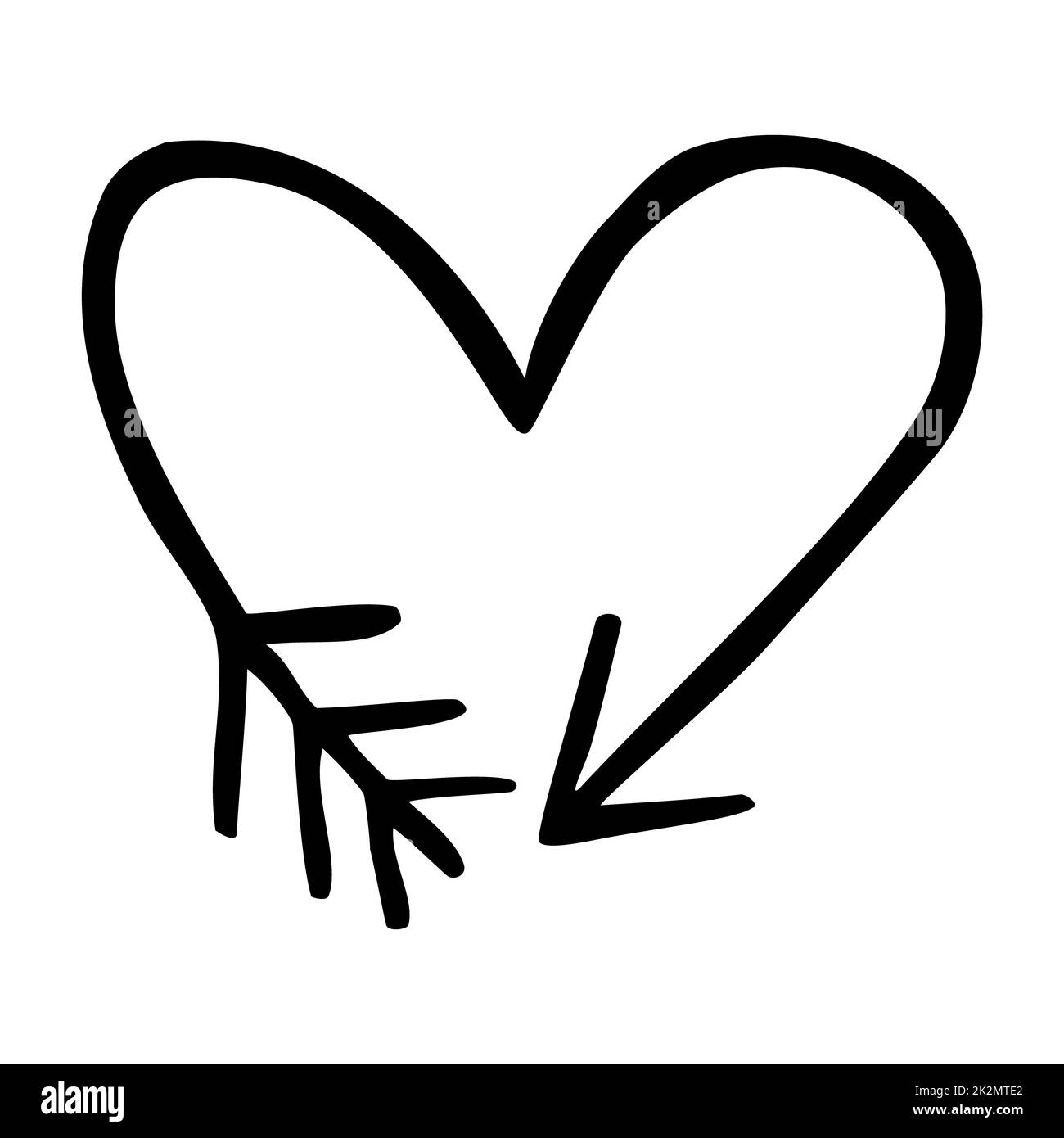 Doodle heart shaped arrow symbol hand drawn with thin line. Graphic