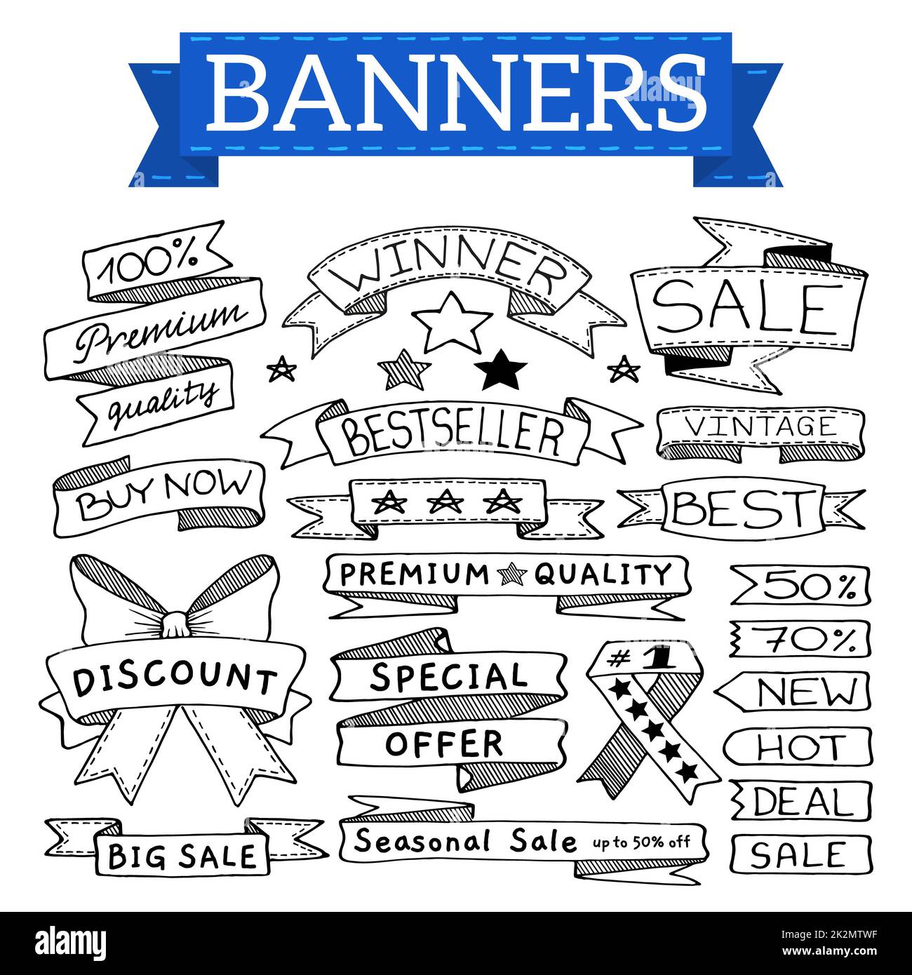 Doodle banners, flags, ribbons and tags set, hand drawn with thin line