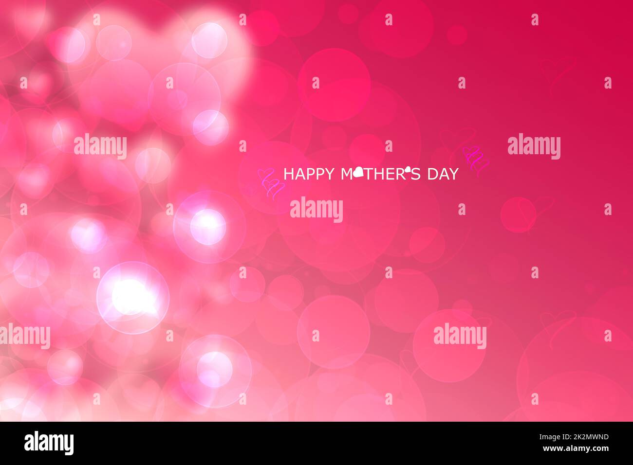 Mothers day greeting card. Abstract festive red magenta bokeh background texture with a Happy mothers day text and hearts. Beautiful illustration of concept of love. Stock Photo