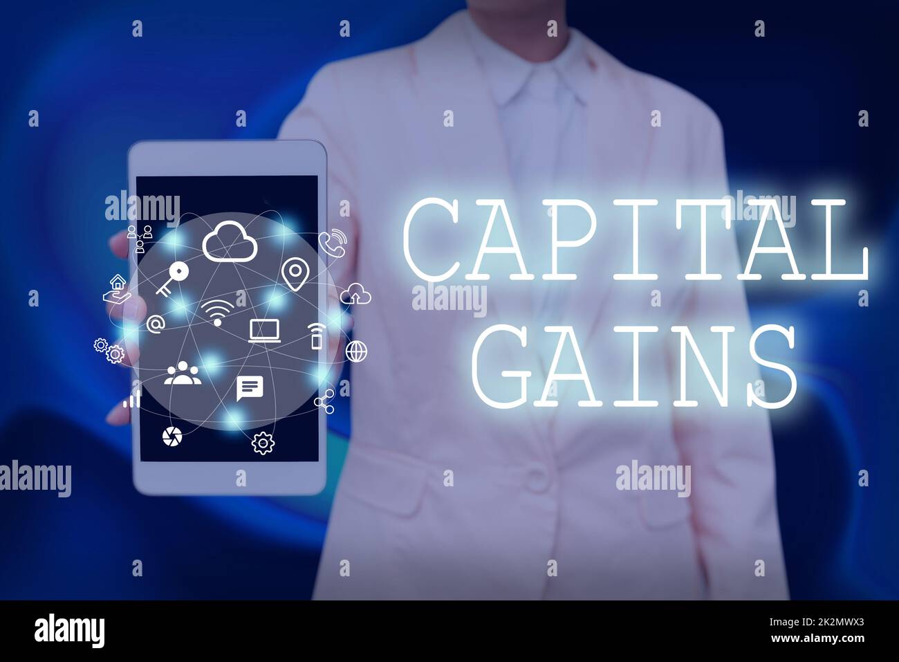 Writing displaying text Capital Gains. Word for Bonds Shares Stocks Profit Income Tax Investment Funds Lady Pressing Screen Of Mobile Phone Showing The Futuristic Technology Stock Photo
