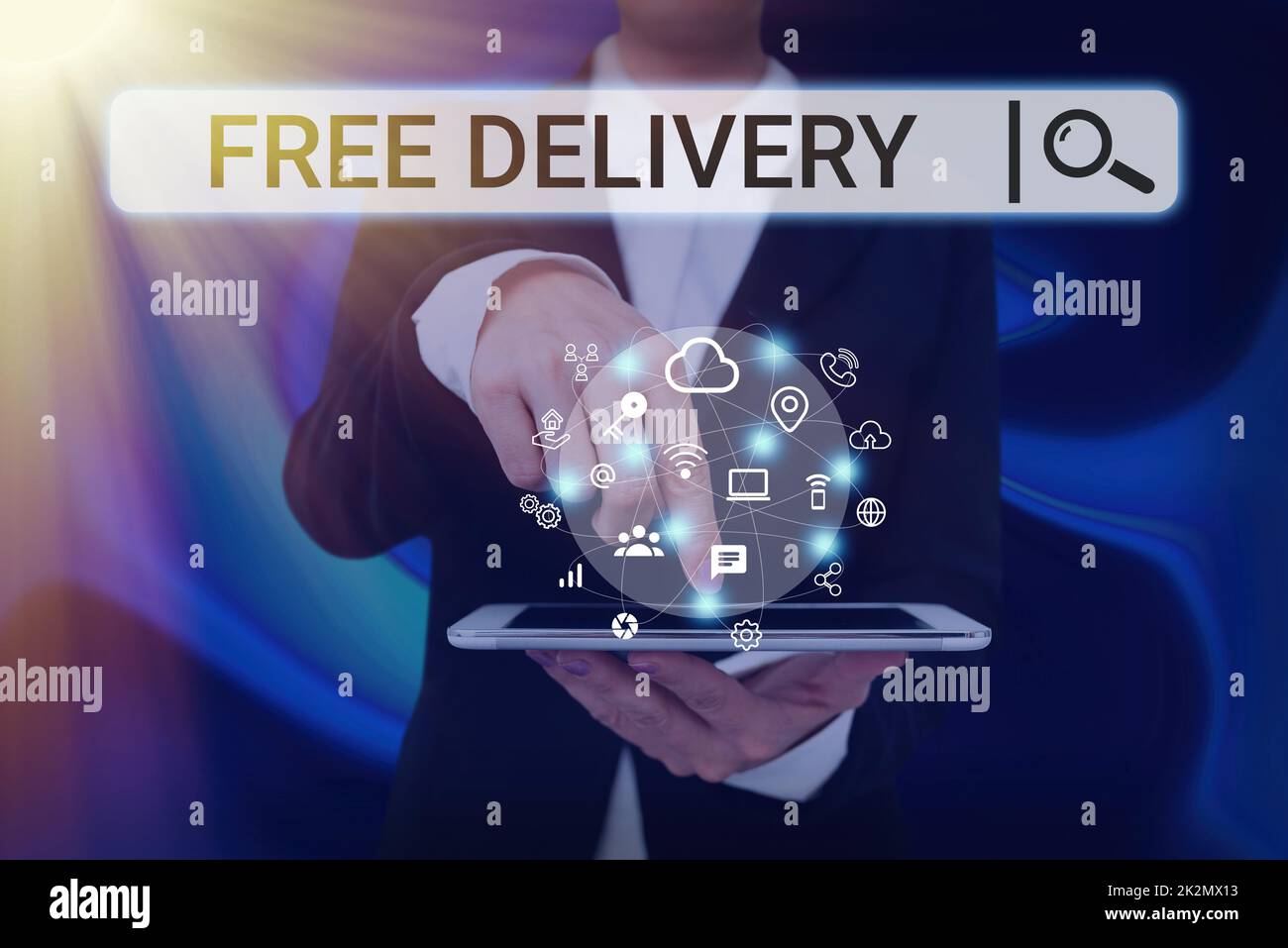 Inspiration showing sign Free Delivery. Word Written on Shipping Package Cargo Courier Distribution Center Fragile Lady Pressing Screen Of Mobile Phone Showing The Futuristic Technology Stock Photo
