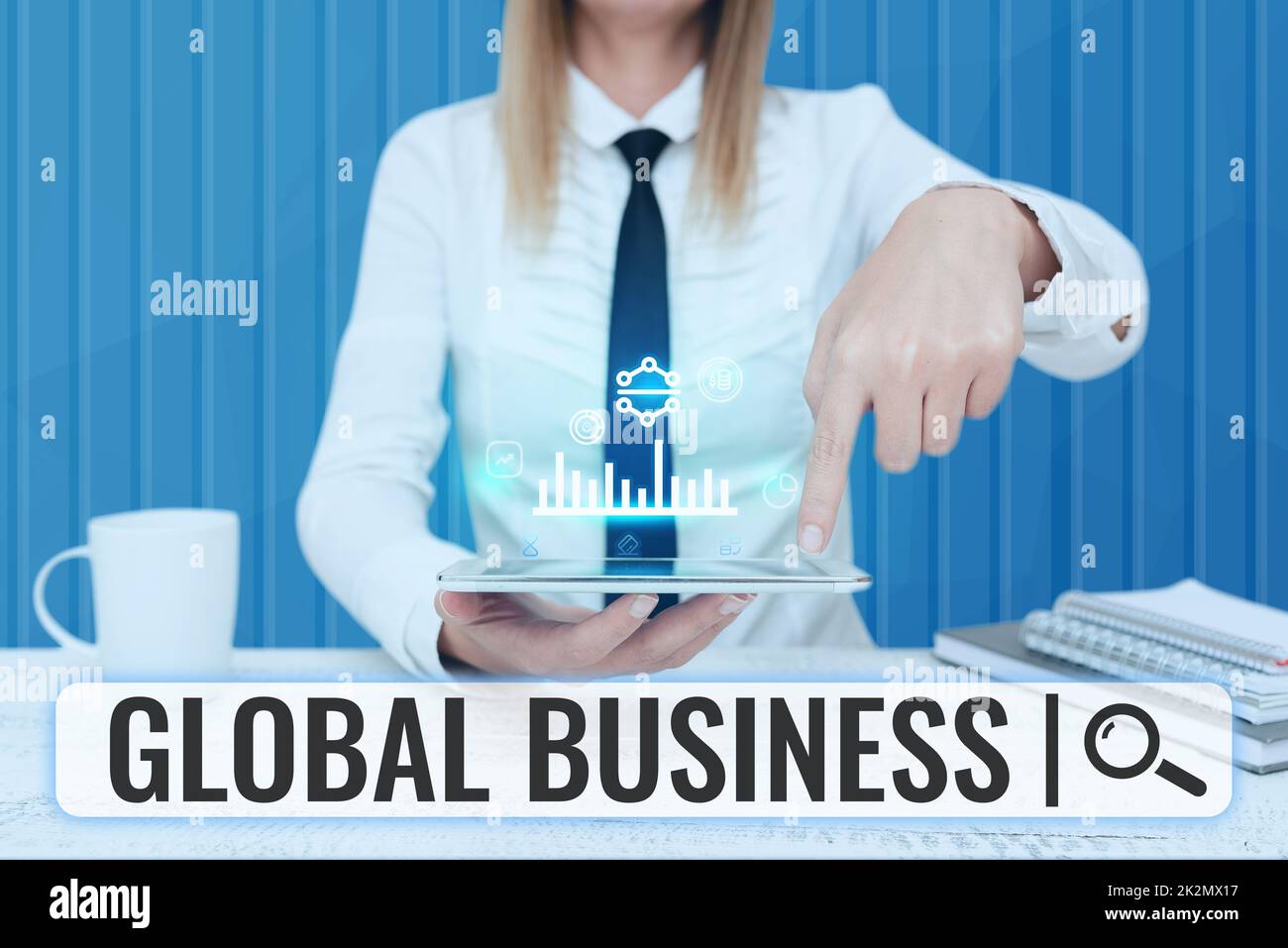 Writing displaying text Global Business. Business approach Trade and business system a company doing across the world Lady Pressing Screen Of Mobile Phone Showing The Futuristic Technology Stock Photo