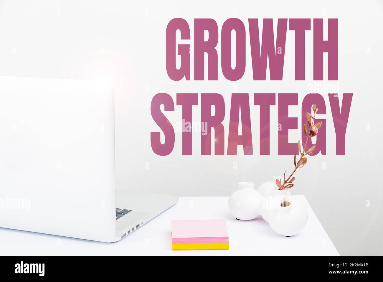 Text showing inspiration Growth Strategy. Business concept Strategy aimed at winning larger market share in shortterm Tidy Workspace Setup, Writing Desk Tools Equipment, Smart Office Stock Photo