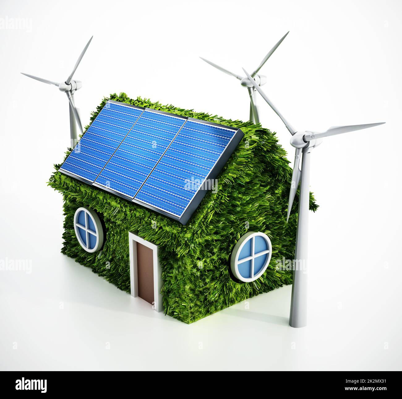 Green house with solar panels on the roof and wind turbines. 3D