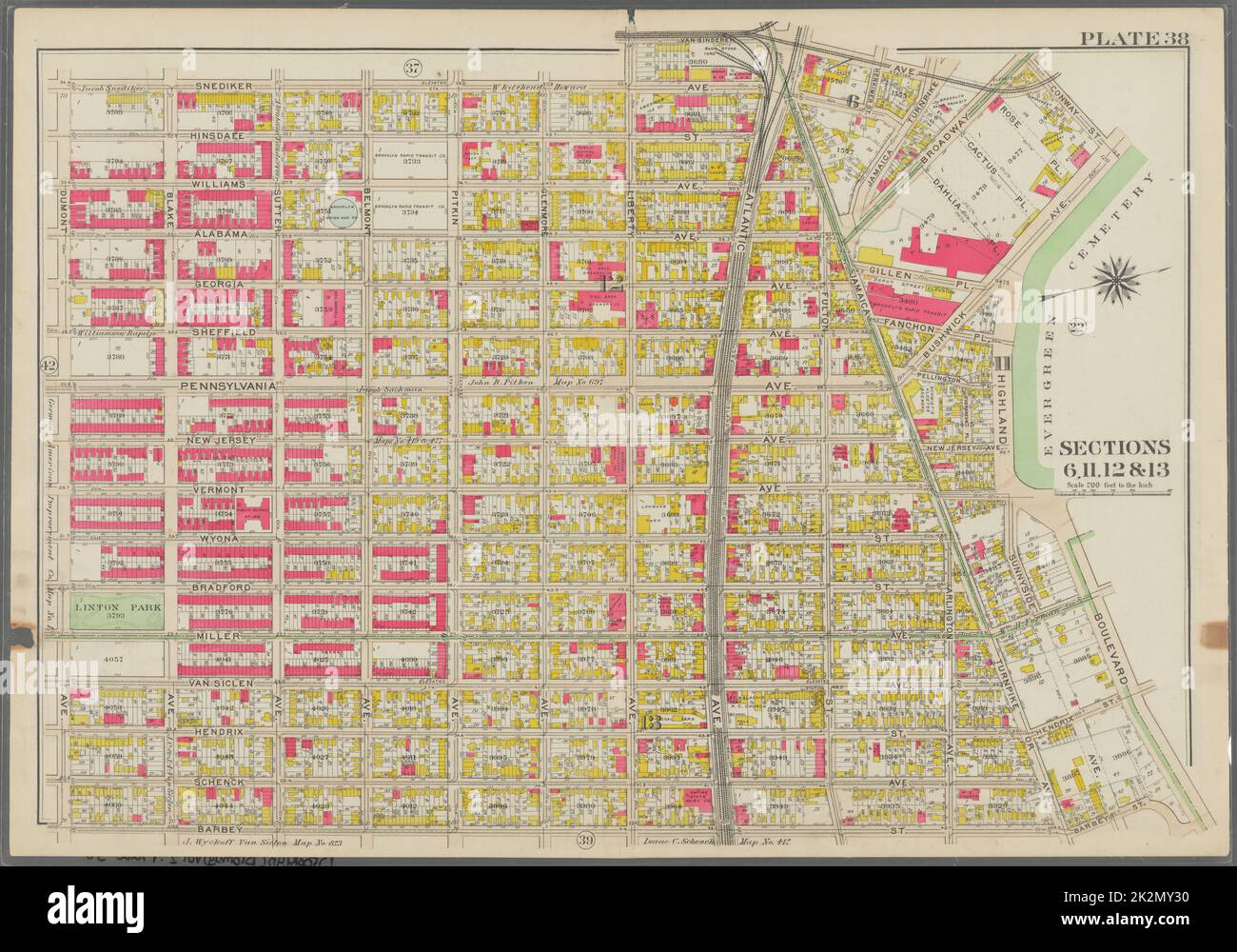 Bromley, George Washington. still image. Maps, Atlases, land surveys. 1908. Lionel Pincus and Princess Firyal Map Division. Brooklyn (New York, N.Y.) , Maps Plate 38: Bounded by Snediker Avenue, Liberty Avenue, Van Sindren Avenue, Conway Street, Bushwick Avenue, (Evergreen Cemetery) Highland Boulevard, Barbey Street and Dumont Avenue Plate 38 Stock Photo