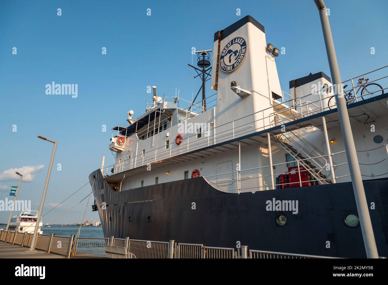 Detroit, Michigan - The 'State of Michigan,' docked on the Detroit River. The ship is a training vessel operated by the Great Lakes Maritime Academy a Stock Photo