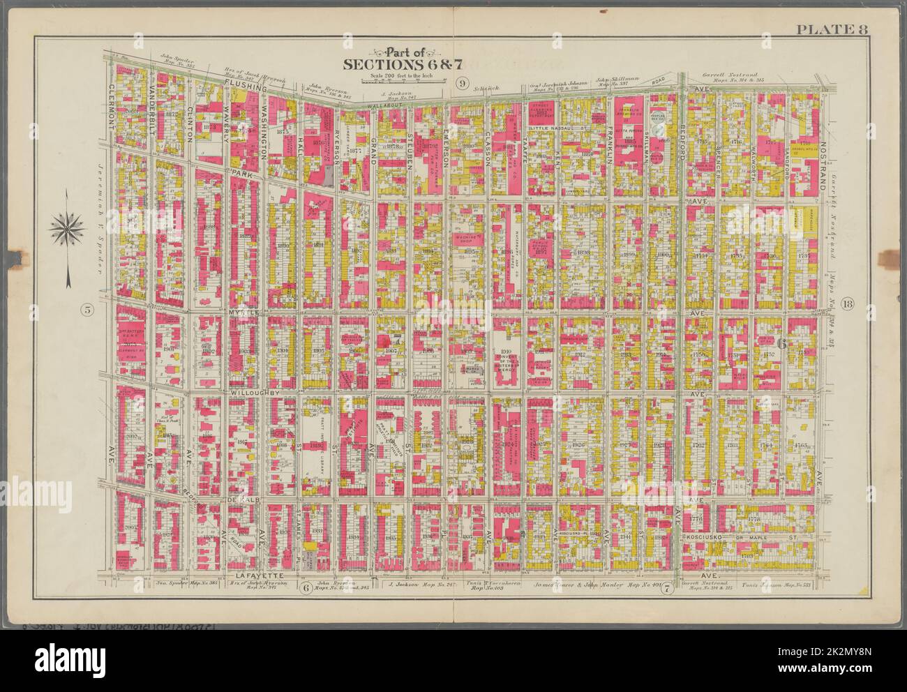 Bromley, George Washington. Cartographic, Maps, Atlases, land surveys. 1908. Lionel Pincus and Princess Firyal Map Division. Brooklyn (New York, N.Y.) , Maps Plate 8: Bounded by Flushing Avenue, Nostrand Avenue, Lafayette Avenue and Cromwell Avenue Plate 8 Stock Photo