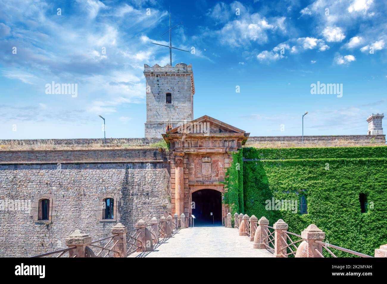 Montjuic Castle or Fort. Symmetric view of the building entrance. Stock Photo