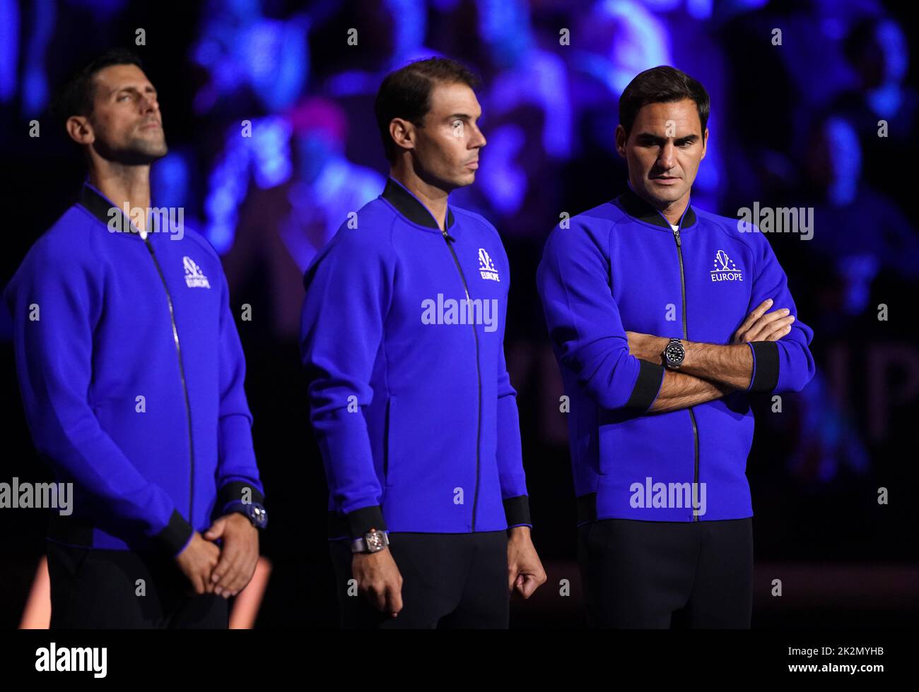 Team Europe's Novak Djokovic, Rafael Nadal and Roger Federer ahead of day one of the Laver Cup at the O2 Arena, London. Picture date: Friday September 23, 2022. Stock Photo