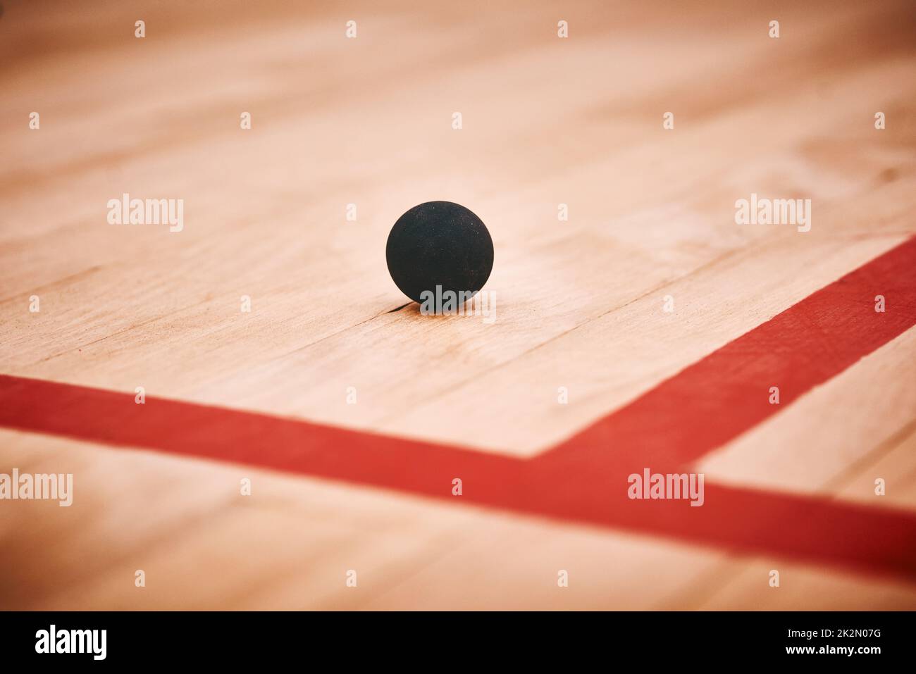 So much performance power in one tiny ball. Shot of a squash ball on the floor of a squash court. Stock Photo