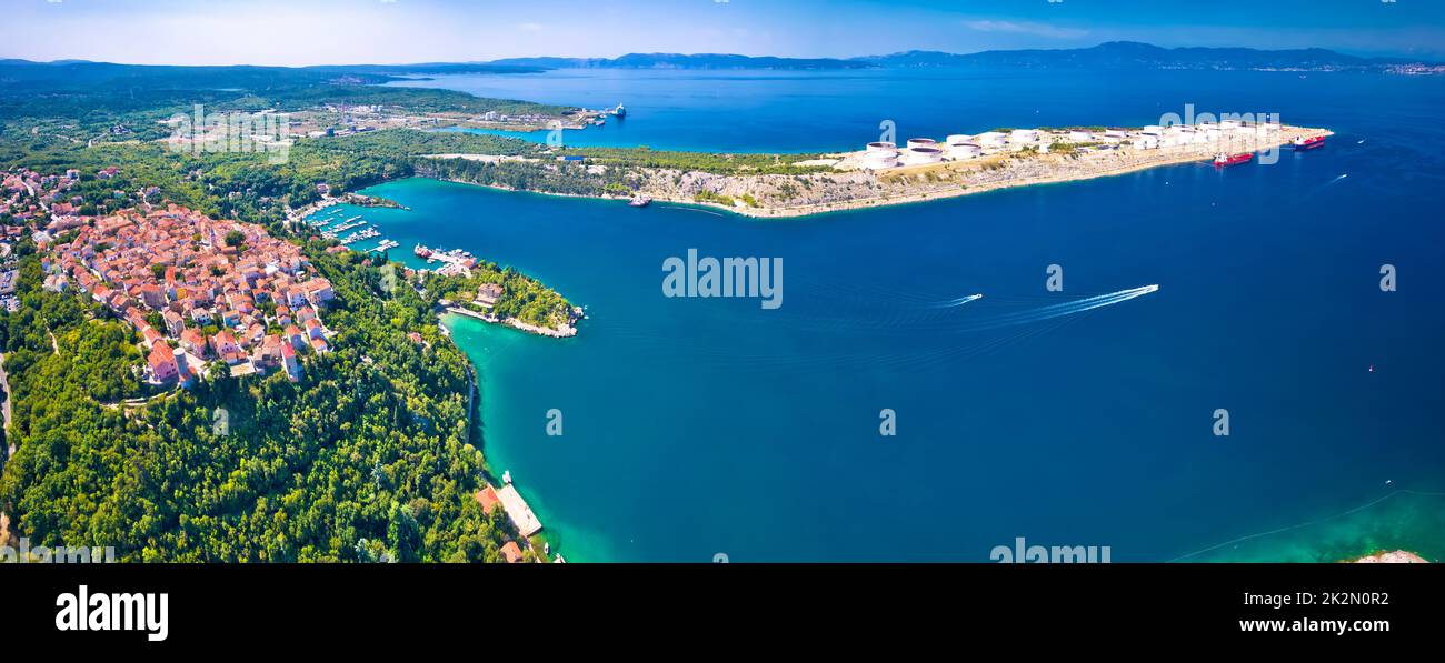 Town of Omisalj and LNG terminal aerial panoramic view Stock Photo