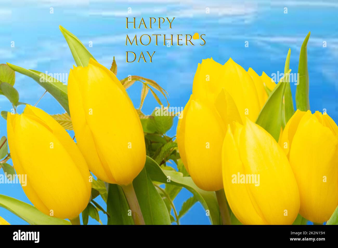 Mothers day greeting card. Decorative composition of a bunch of yellow tulips over abstract blue cloudy sky background with Happy mother's Day text. Stock Photo