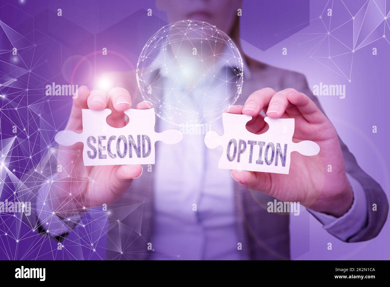 Handwriting text Second Option. Concept meaning Next Fiddle Not a priority Next Alternative Opportunity Lady in suit holding puzzle piece symbolizing global innovative thinking. Stock Photo