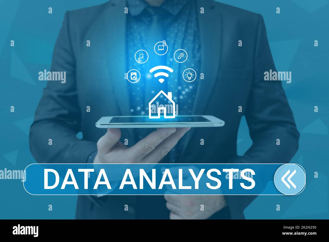 Conceptual display Data Analysts. Word for Programmer Design and Create Report Identifies patterns Man holding Screen Of Mobile Phone Showing The Futuristic Technology. Stock Photo