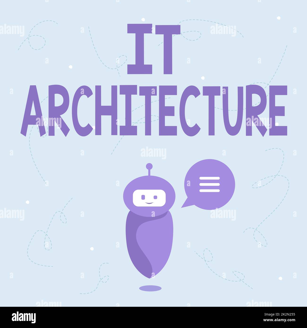 Conceptual display It Architecture. Business overview Architecture is applied to the process of overall structure Cute Floating Robot Telling Us New Wonderful Information In A Chat Cloud. Stock Photo