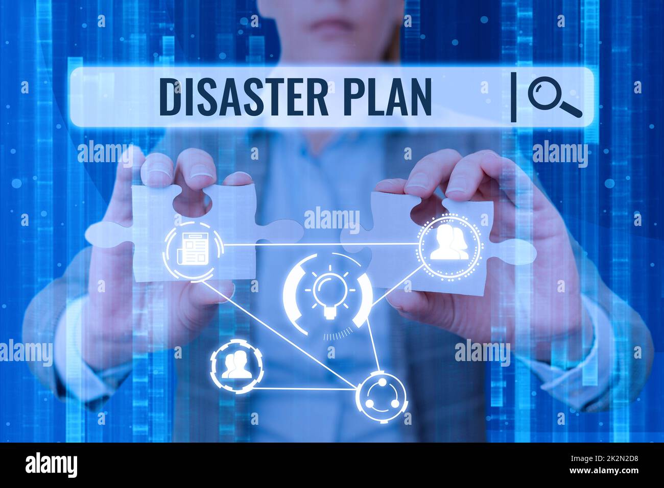 Sign displaying Disaster Plan. Business concept Respond to Emergency Preparedness Survival and First Aid Kit Lady in suit holding two puzzle pieces representing innovative thinking. Stock Photo
