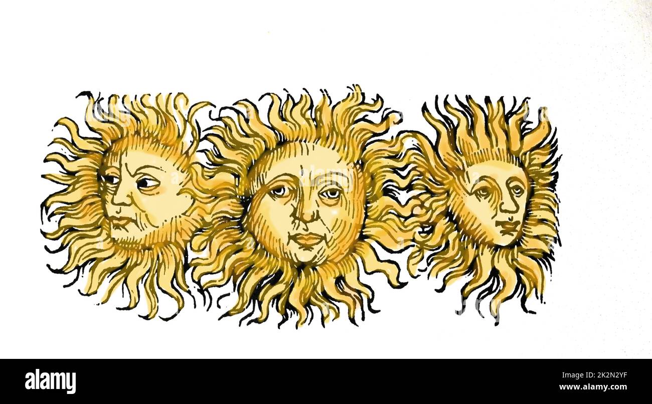 Suns. Illustration of Nuremberg Chronicle, 1493. Stock Photo