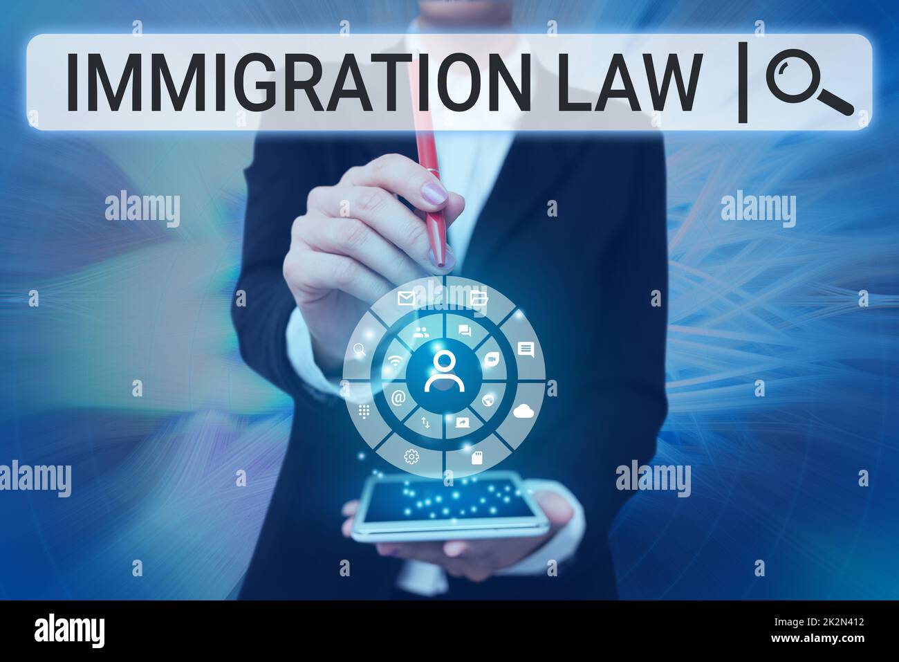 Hand writing sign Immigration Law. Word for Emigration of a citizen shall be lawful in making of travel Lady Pressing Screen Of Mobile Phone Showing The Futuristic Technology Stock Photo
