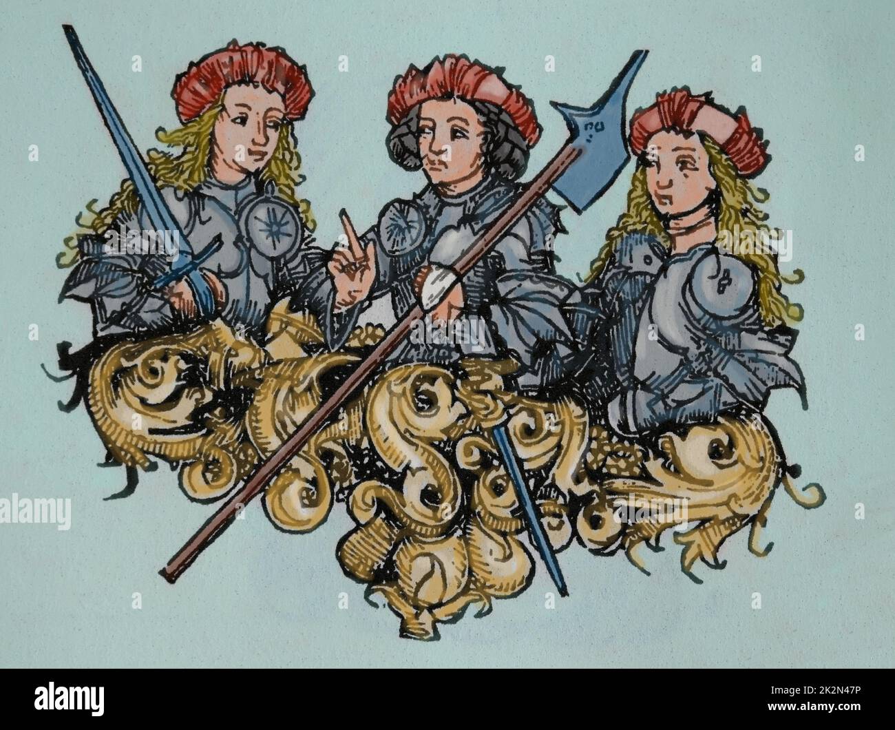Amazons. Group of female warriors. Engraving. Engraving. The Nuremberg Cronicle', 15th century. Stock Photo