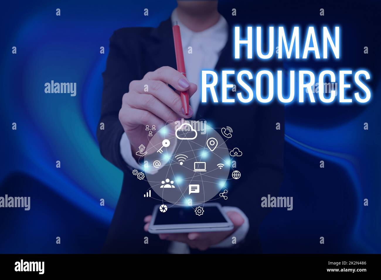 Writing displaying text Human Resources. Business overview The showing who make up the workforce of an organization Lady Pressing Screen Of Mobile Phone Showing The Futuristic Technology Stock Photo