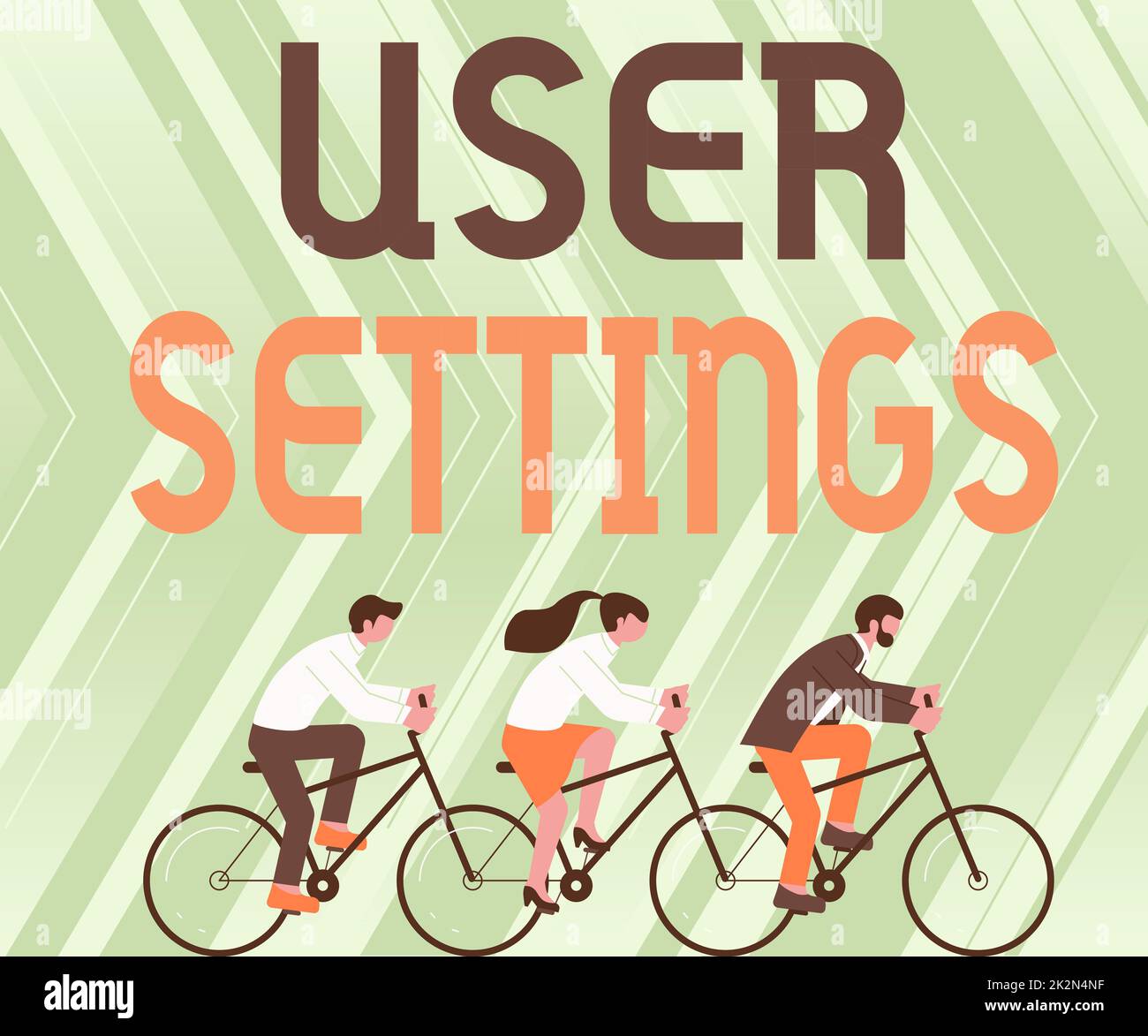 Handwriting text User Settings. Business overview Configuration of appearance Operating System Personalized Three Colleagues Riding Bicycle Representing Successful Teamwork. Stock Photo