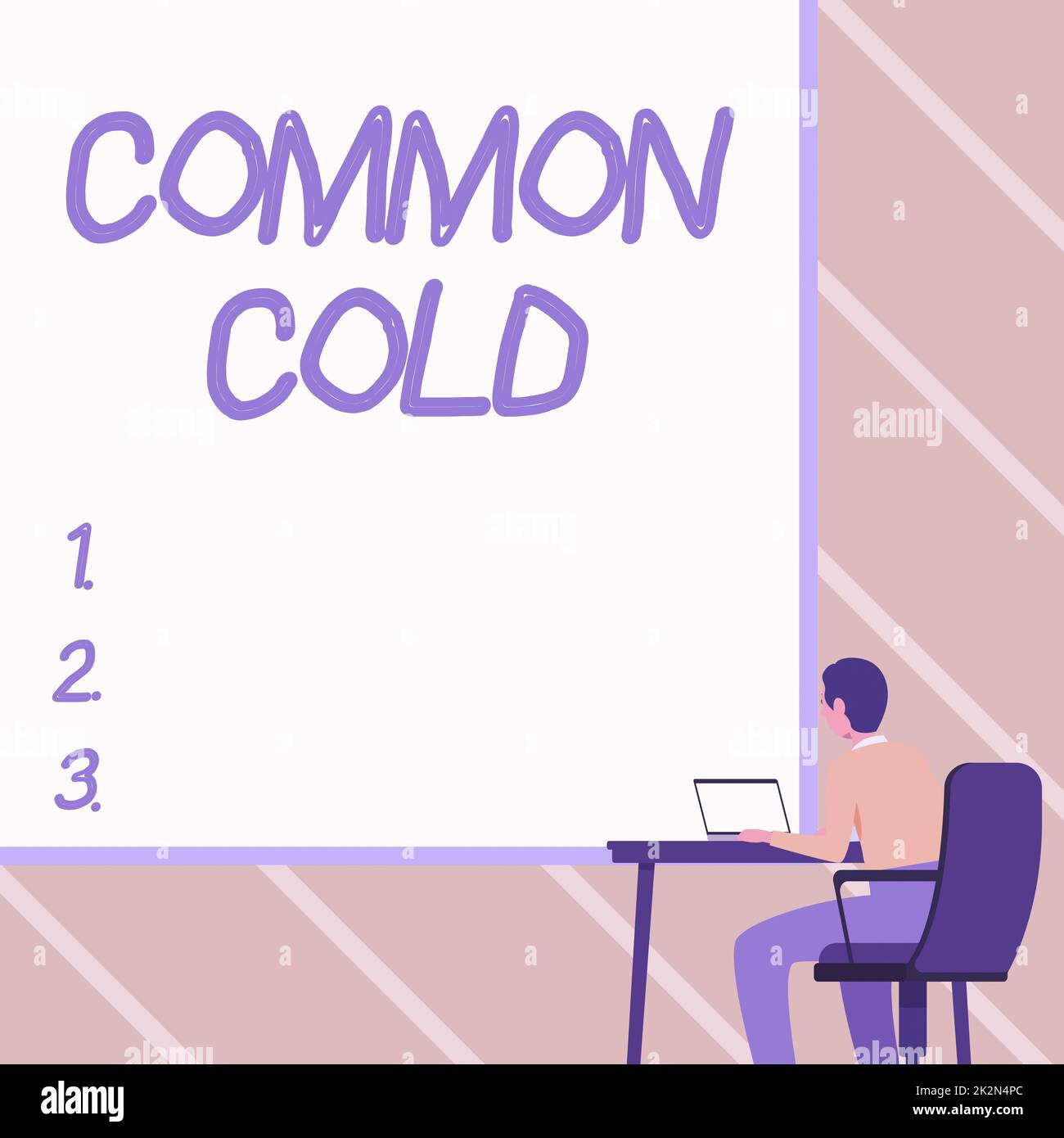 Conceptual caption Common Cold. Business concept viral infection in upper respiratory tract primarily affecting nose Man Sitting Armchair Using Laptop Placed On Table With Large Blank Board. Stock Photo
