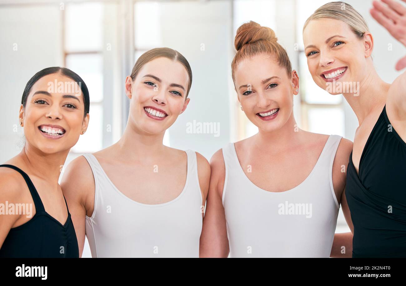 Ballet, dance and happy portrait of women relax in performance art