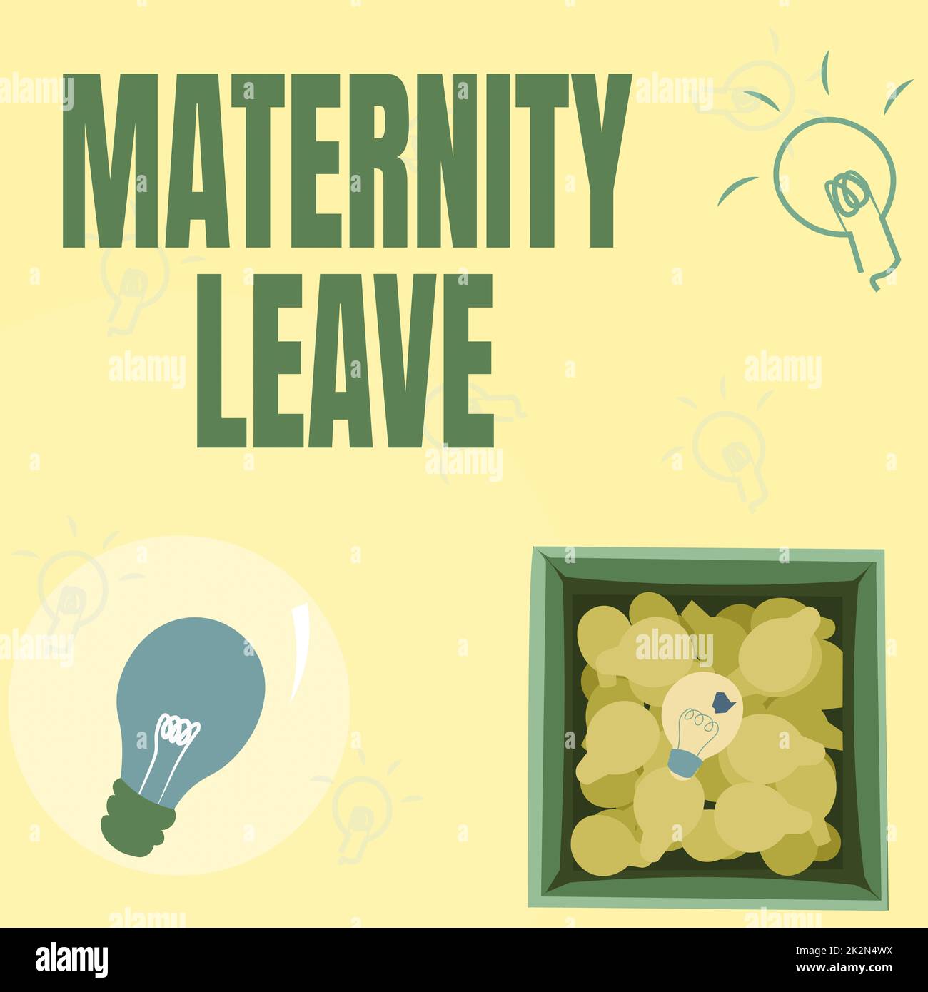 Conceptual caption Maternity Leave. Business idea the leave of absence for an expectant or new mother Glowing Light Bulb Drawing In Box Displaying Fresh Discoveries. Stock Photo