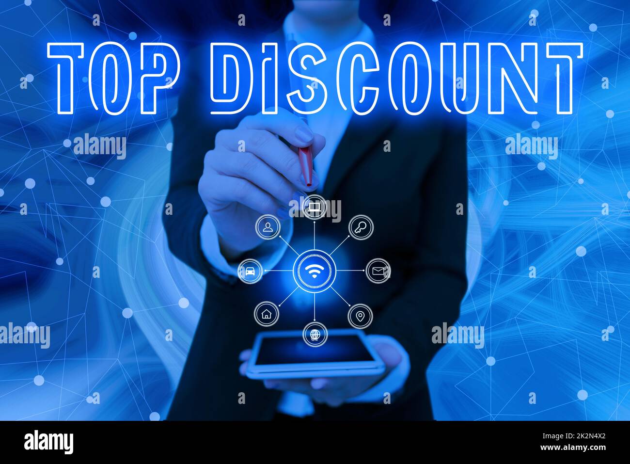 Conceptual display Top Discount. Business showcase Best Price Guaranteed Hot Items Crazy Sale Promotions Lady Pressing Screen Of Mobile Phone Showing The Futuristic Technology Stock Photo