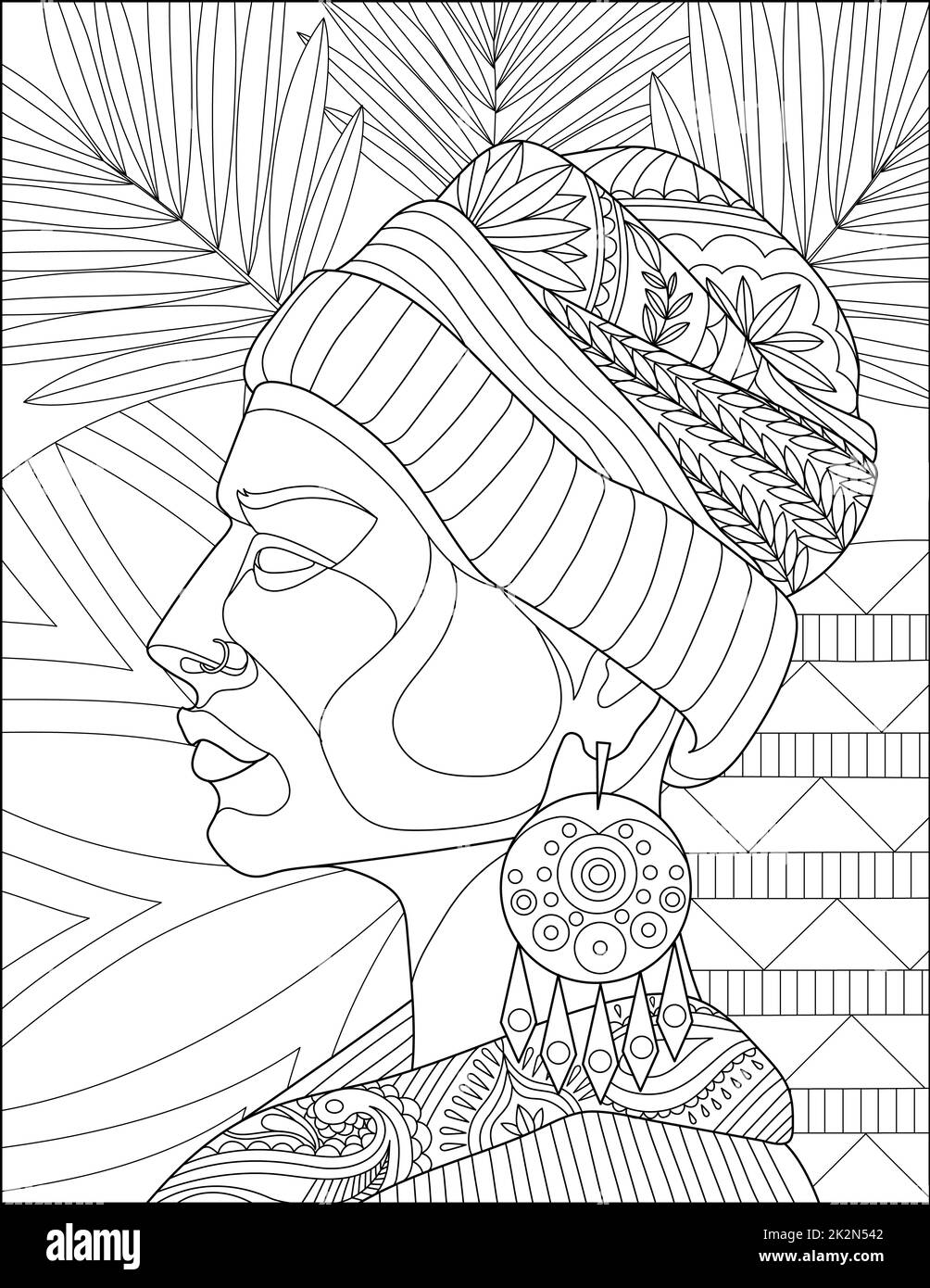Vector line drawing stylized girl elaborate decorated hat earrings. Digital lineart image woman floral decorations background. Outline artwork design lady foliage patterned. Stock Photo