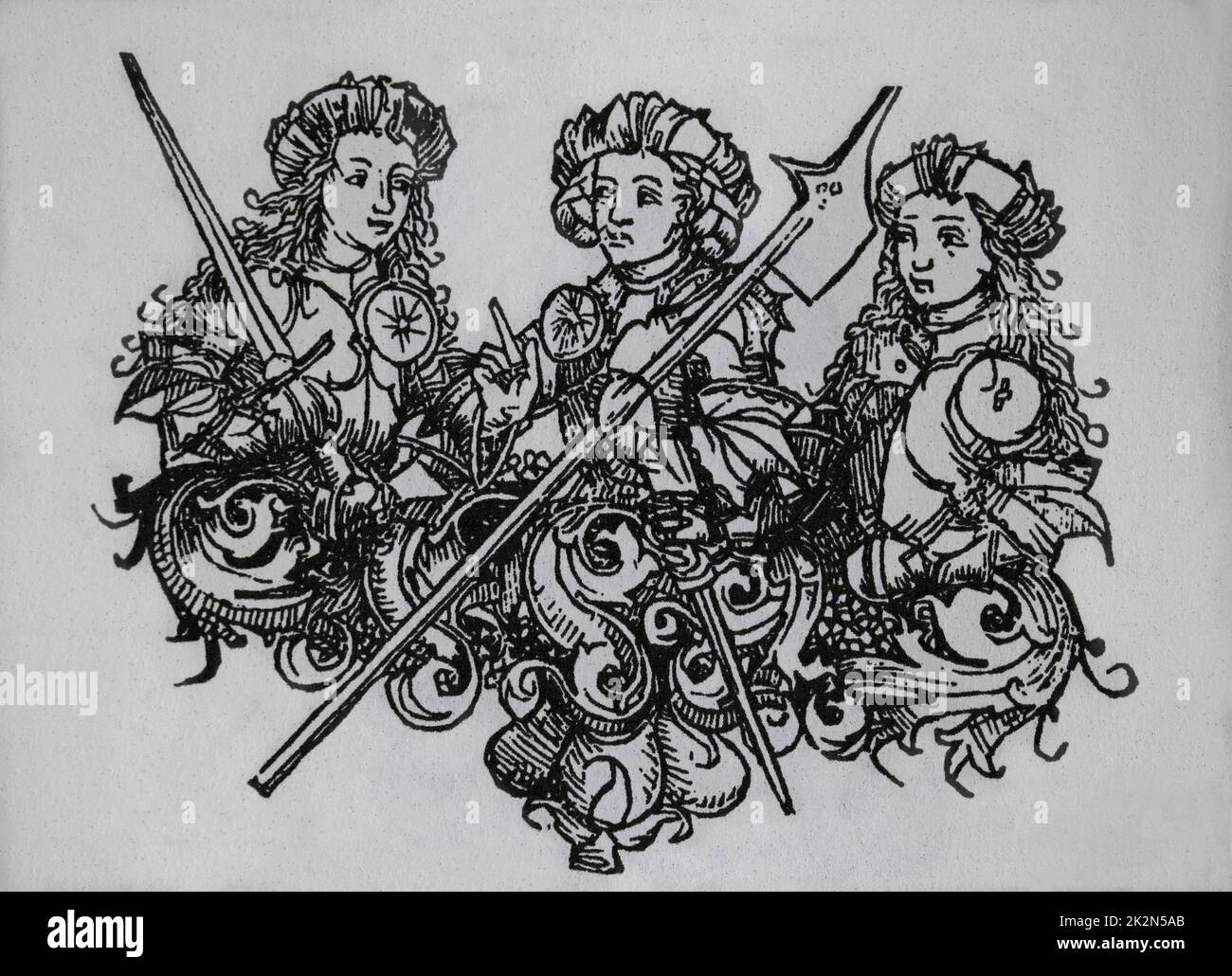 Amazons. Group of female warriors. Engraving. Engraving. The Nuremberg Cronicle', 15th century. Stock Photo
