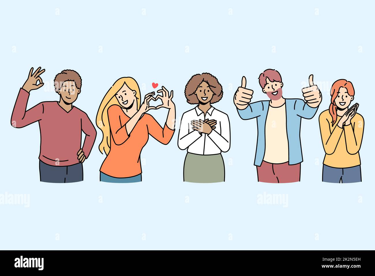 Happy people show diverse hand gestures Stock Photo