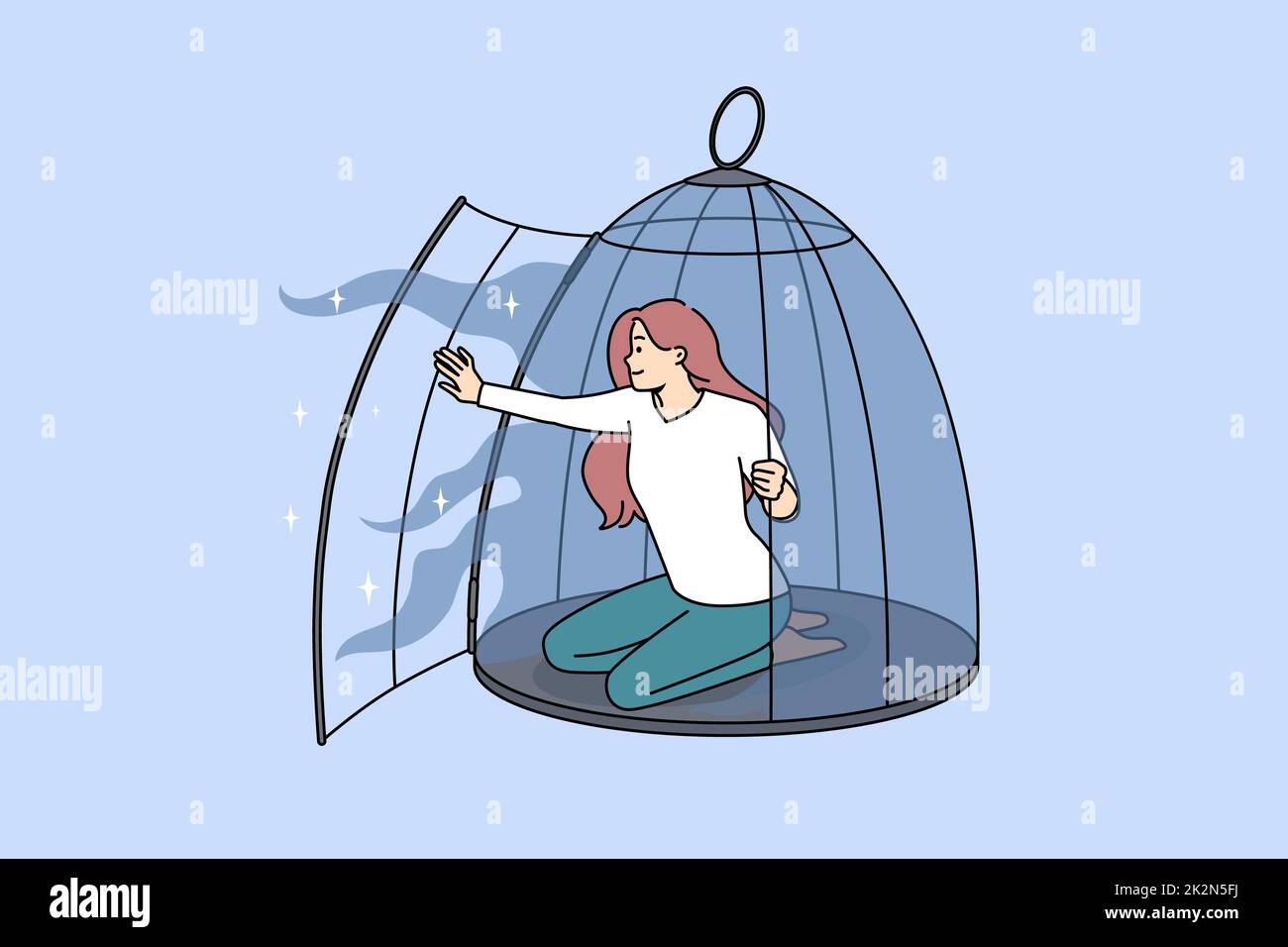 Young woman come out of birdcage Stock Photo