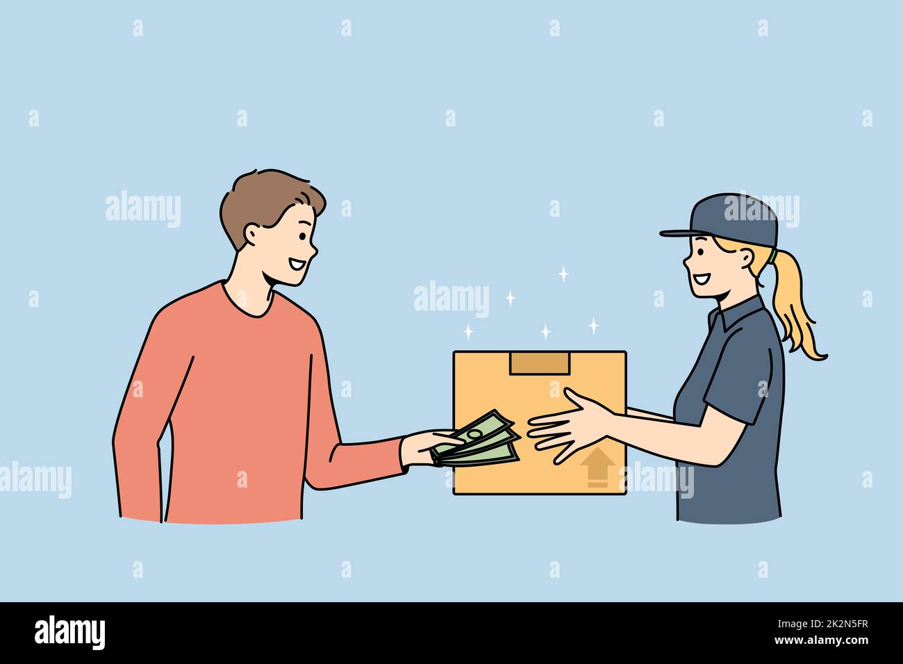 Man client pay cash for package delivery Stock Photo