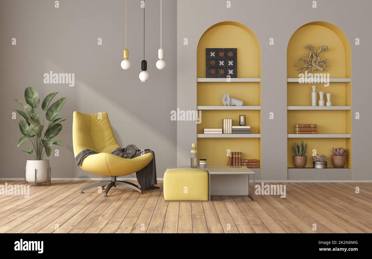 Yellow and gray modern living room Stock Photo - Alamy