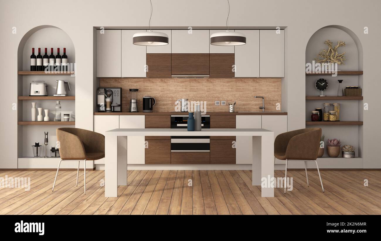 wooden and white kitchen with dining table and chairs Stock Photo - Alamy