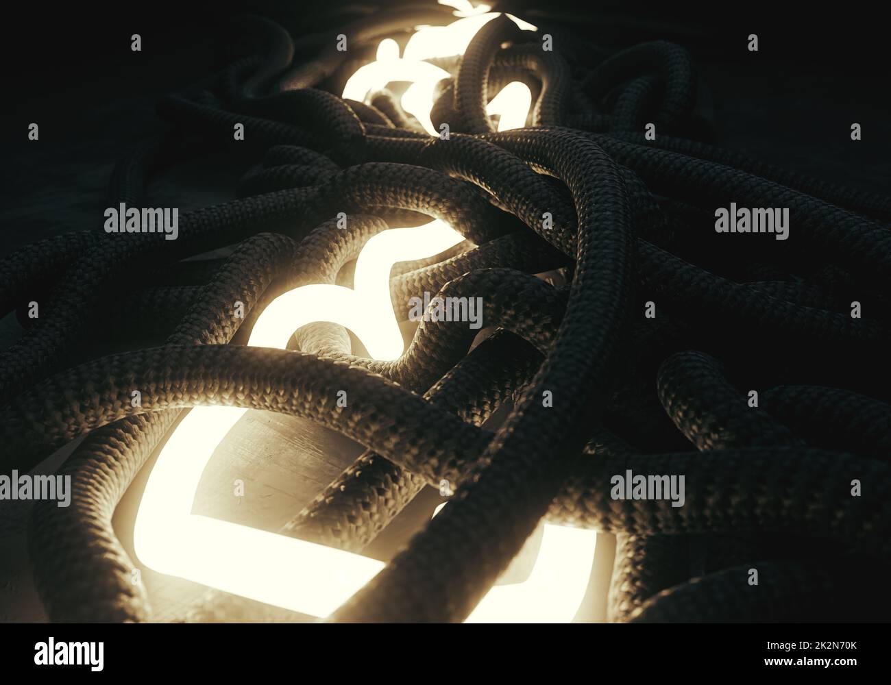 A concept showing a pile of jumbled braided tech cables with one glowing a bright neon glow - 3D render Stock Photo