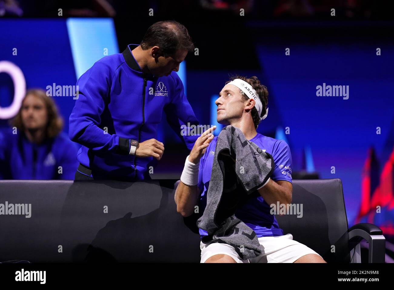 Team Europe's Rafal Nadal speaks to team-mate Casper Ruud on day one of the Laver Cup at the O2 Arena, London. Picture date: Friday September 23, 2022. Stock Photo
