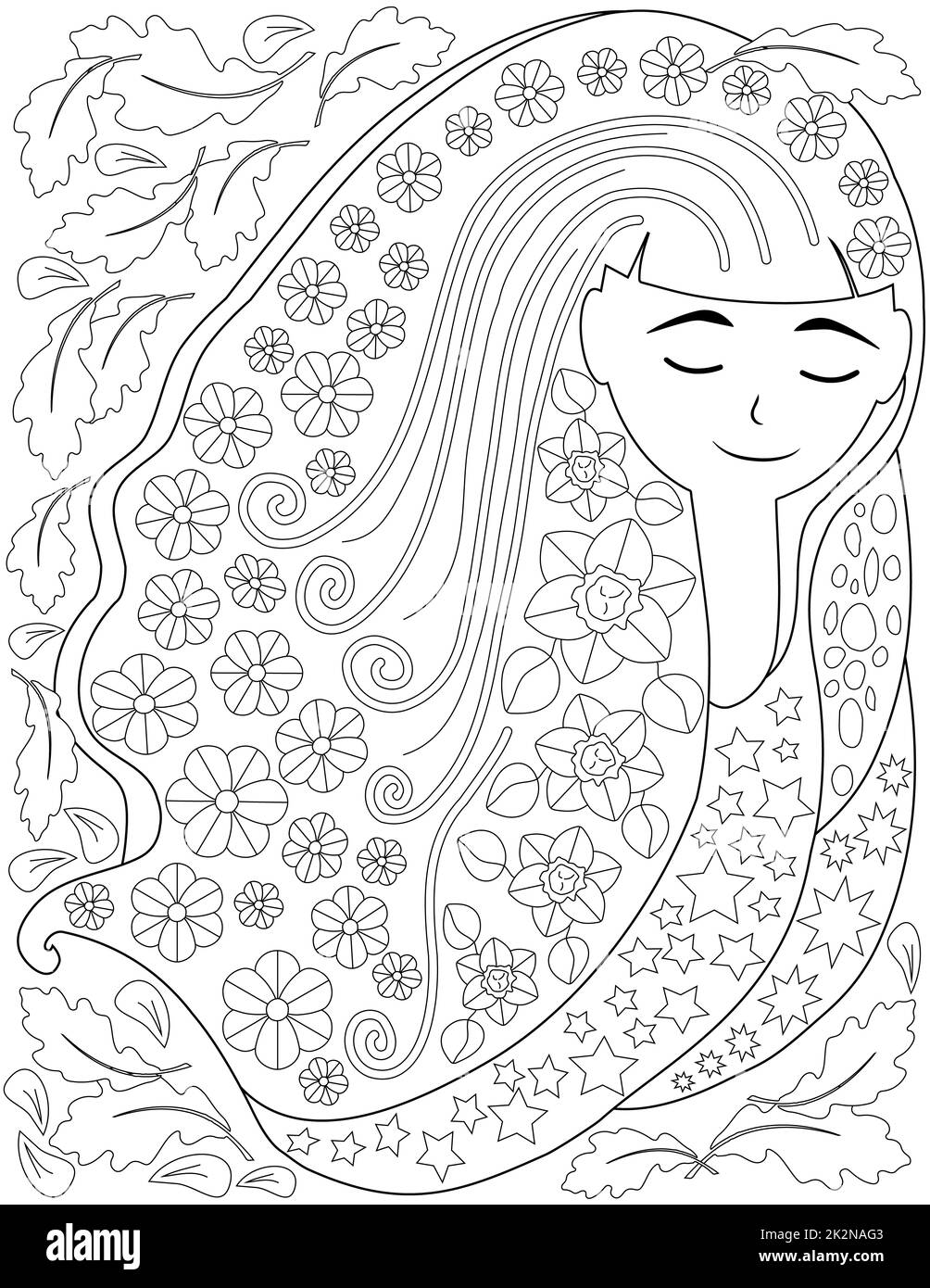 Stylized vector line drawing girl elaborate decorated flower hair. Digital lineart image woman floral decorations hairstyle. Outline artwork design lady foliage patterns. Stock Photo