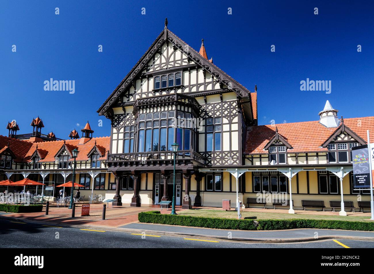 The English-styled Mock Tudor building is the former Great South Seas Spa Bath House built in 1908, is now the Rotorua Museum of Art & History set in Stock Photo