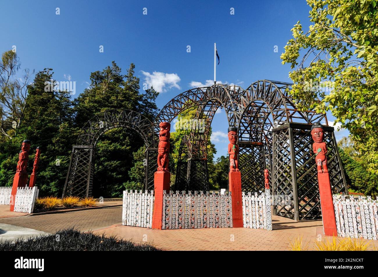 PrinceÕs Gate Archway leading into QueenÕs Drive to the Government Gardens in Rotorua, a town on the shore of lake Rotorua on New Zealand's North Isla Stock Photo
