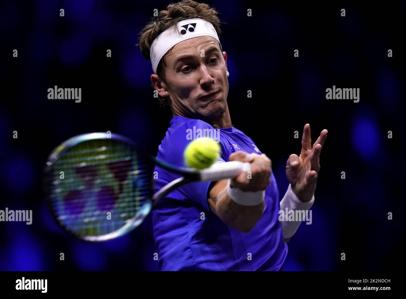 Team Europe's Casper Ruud in action against Team World's Jack Sock (not pictured) on day one of the Laver Cup at the O2 Arena, London. Picture date: Friday September 23, 2022. Stock Photo