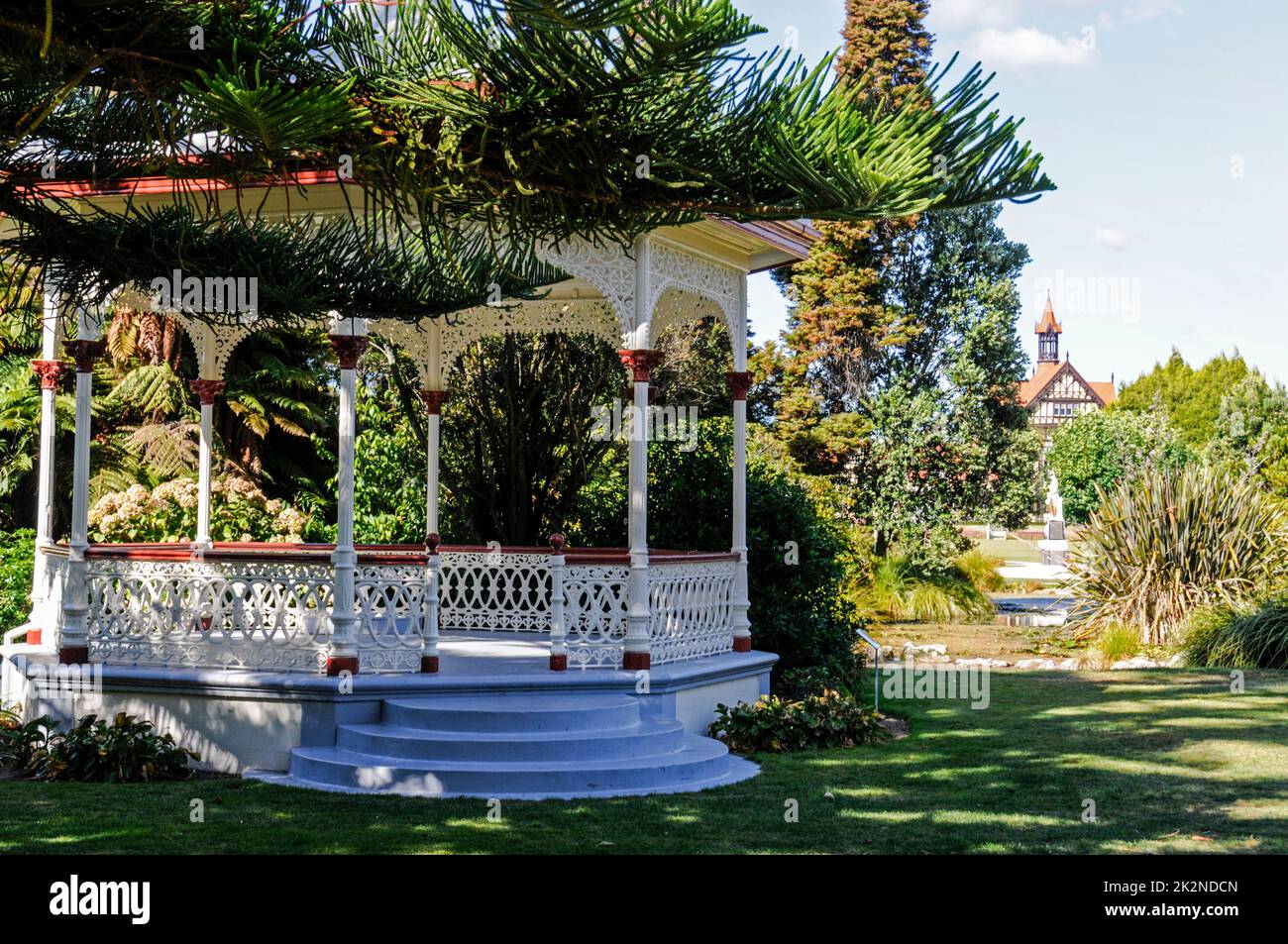 A bandstand in Government Gardens close to the Rotorua Museum of Art & History at Government Gardens in Rotorua, a town on the shore of lake Rotorua Stock Photo
